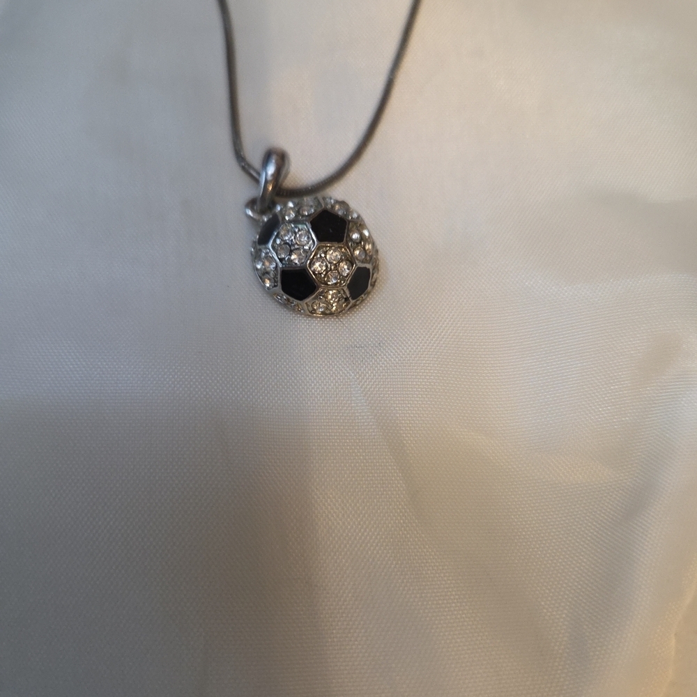 Soccer Ball Black & Rhinestone Silver Chain Necklace Jewelry Futball 16", 3" EXT